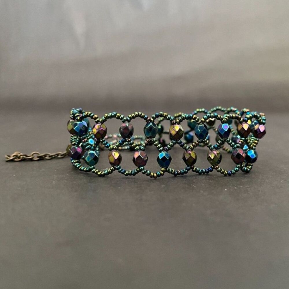 Robert Rose Iridescent Beaded Cuff Bracelet Teal Blue Faceted Crystal